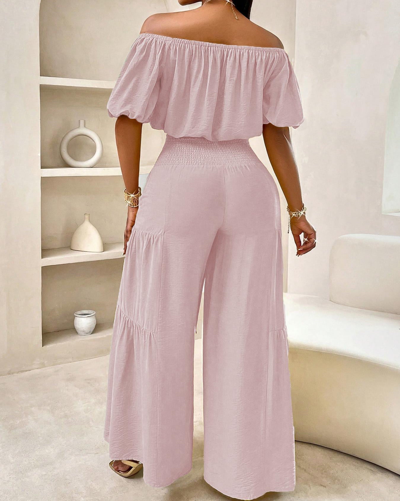 Off Shoulder Crop Top Waist Tie Front Tiered Wide Leg Pants Two Piece Set - By Qivii