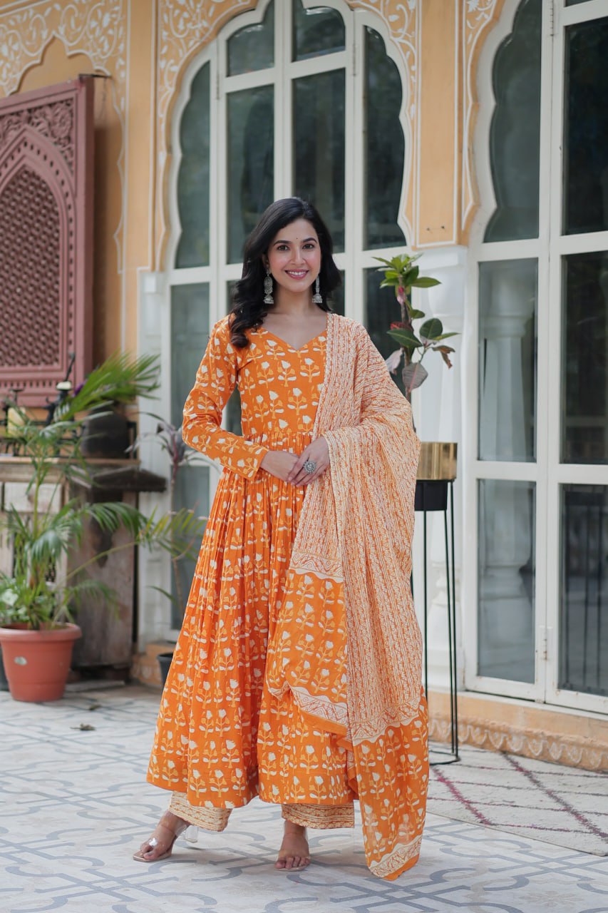 Orange Pure Cotton Fancy V Neck Anarkali Suit - qivii