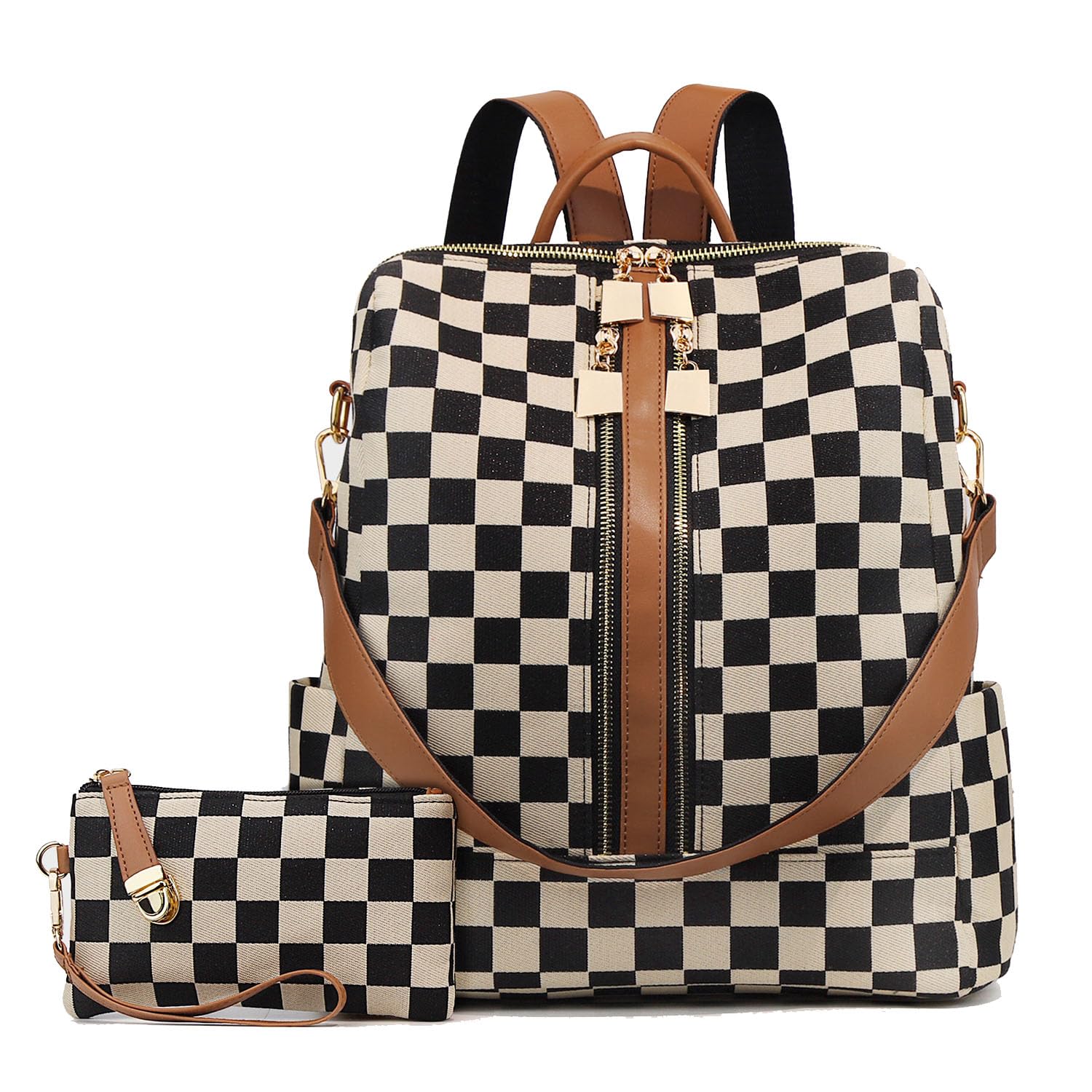 Ounamei Checkered Backpack Purse with a Pouch for Women | Canvas & PU Leather Carry-All Backpack for Daily & Travel Use