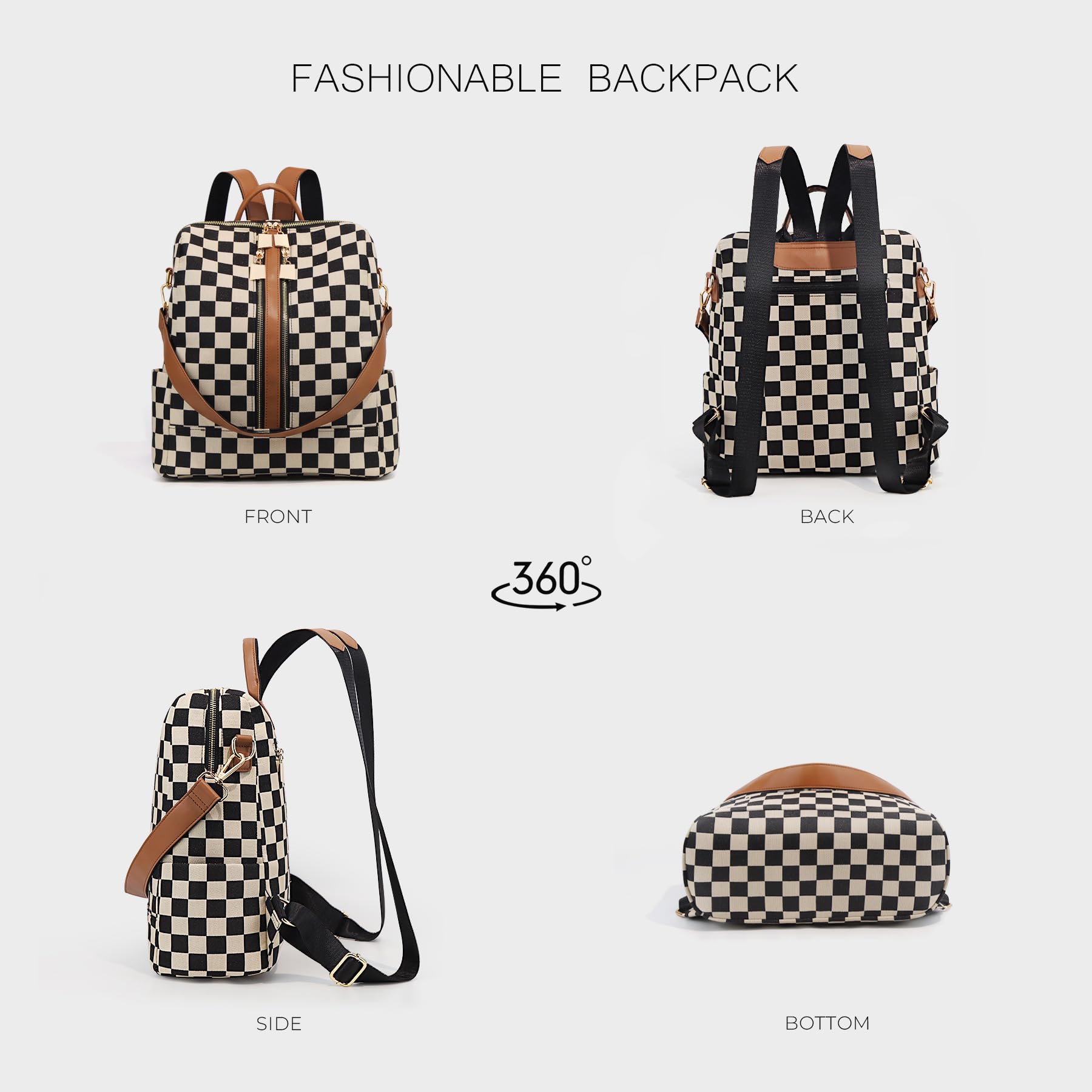 Ounamei Checkered Backpack Purse with a Pouch for Women | Canvas & PU Leather Carry-All Backpack for Daily & Travel Use