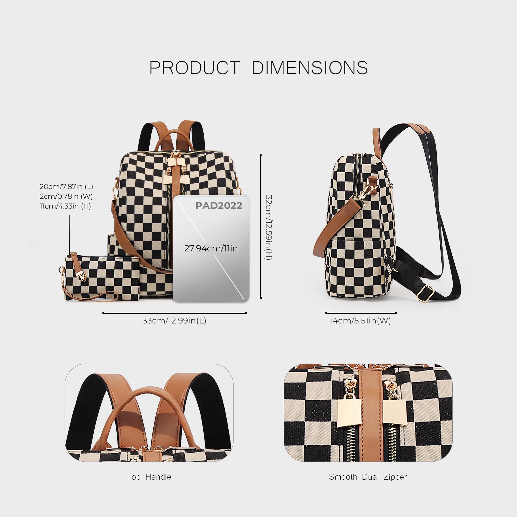 Ounamei Checkered Backpack Purse with a Pouch for Women | Canvas & PU Leather Carry-All Backpack for Daily & Travel Use