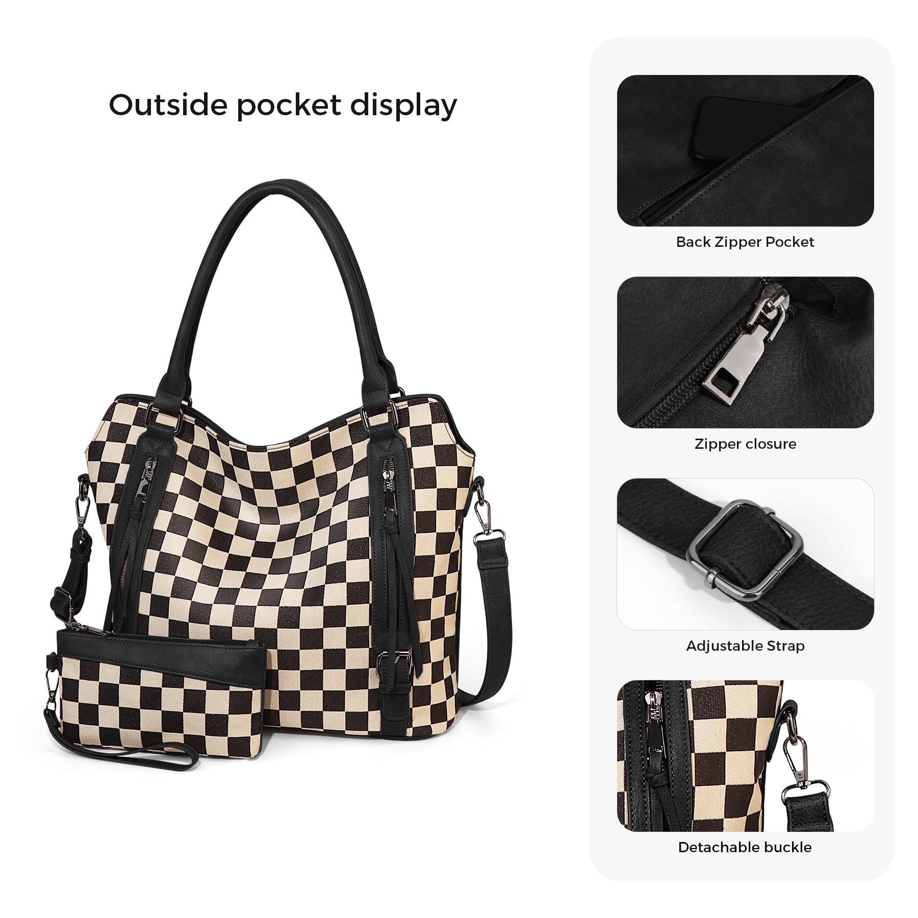 Ounamei Plaid Carry-All Hobo Tote Bag with Pouch for Women | PU Leather & Canvas Large-Capacity Shoulder & Crossbody Bag for Daily Use