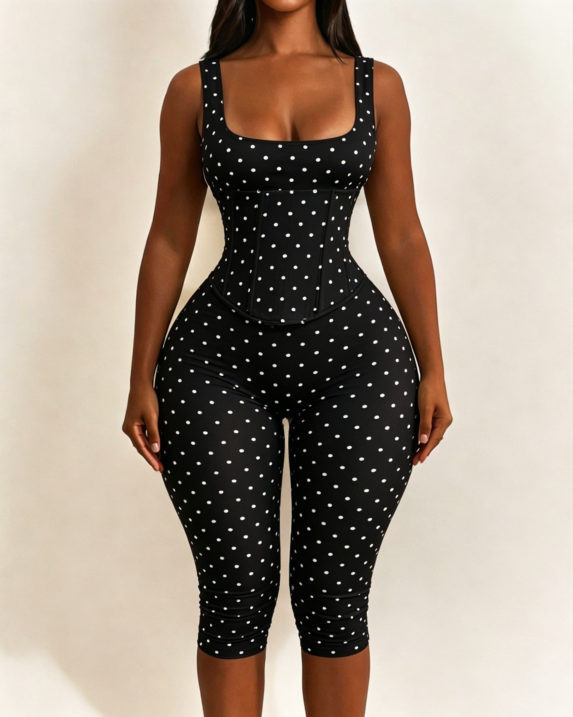 Polka Dot Square Neck Capri Jumpsuit with Hourglass Detachable Corset Two-Piece Set - By Qivii