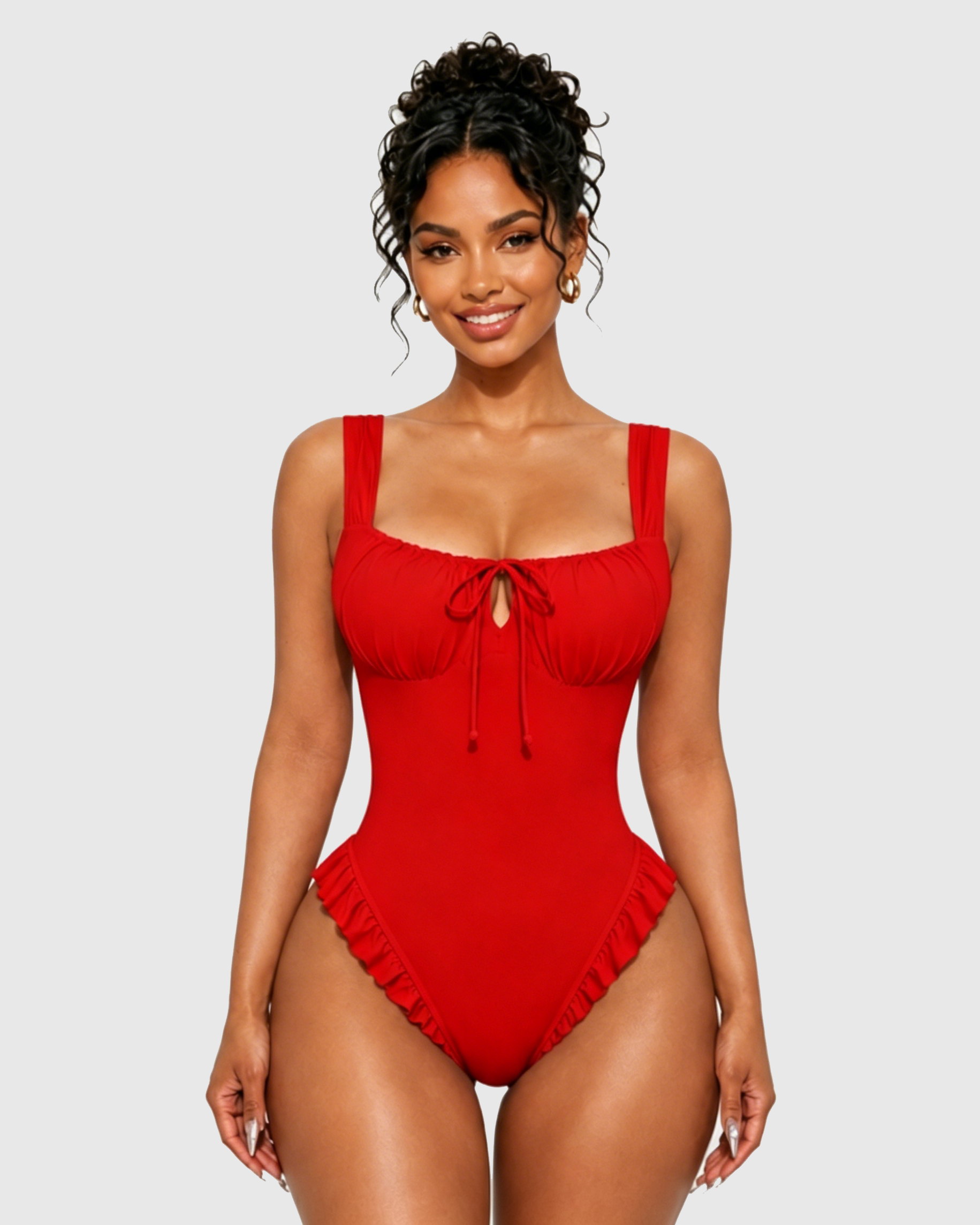 Square Neck Front Tie Ruffle Hem One Piece Swimsuit - By Qivii