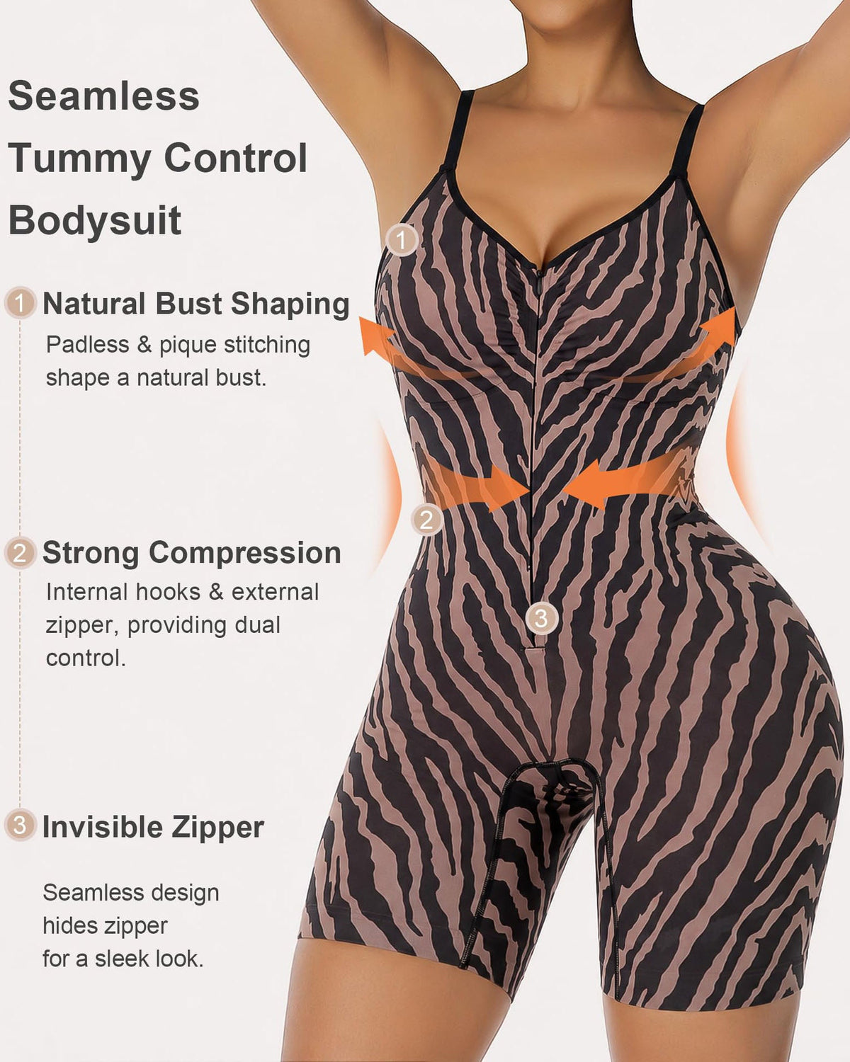 High Compression Zebra Print Front Zip Adjustable Strap Tummy Control Butt Lifting Bodysuit Shapewear