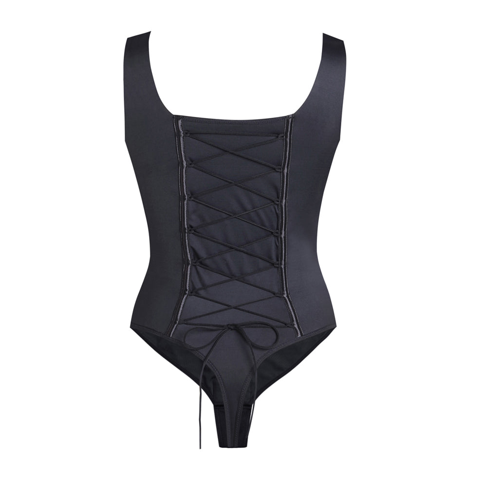 U Neck Wide Strap Back Lace Up Tummy Control Butt Lifting Bodysuit