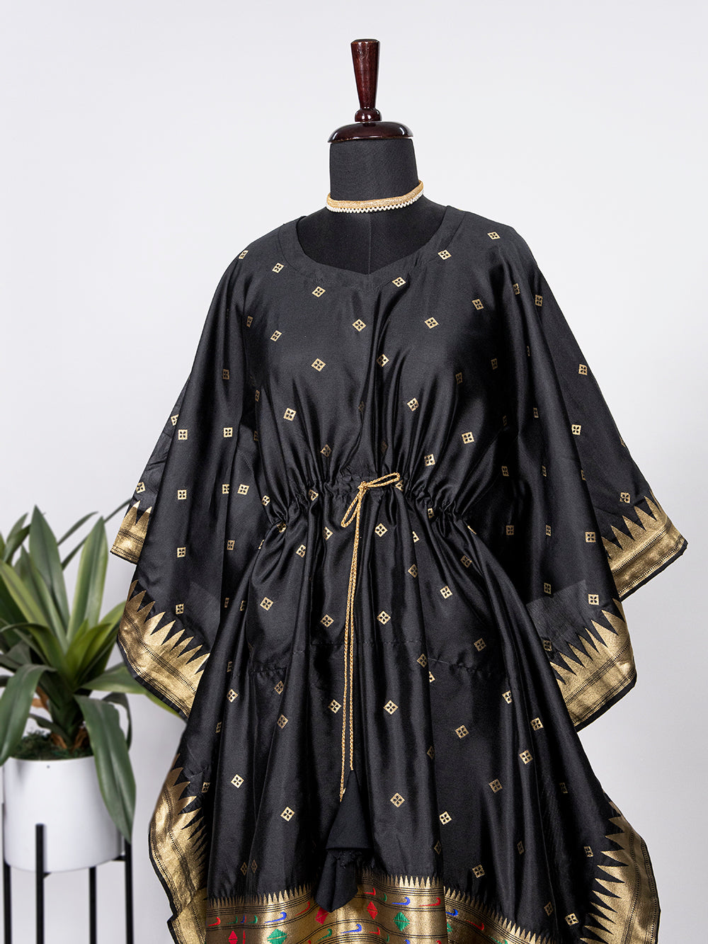 Black Color Weaving Zari Work Jacquard Paithani Kaftan Dress - qivii
