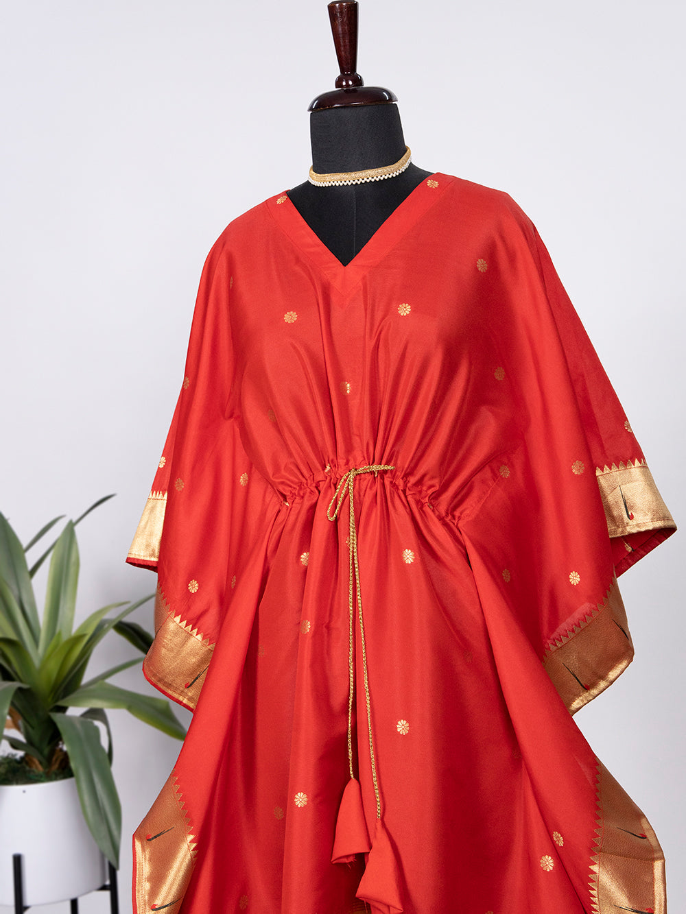 Red Color Weaving Zari Work Jacquard Paithani Kaftan Dress - qivii