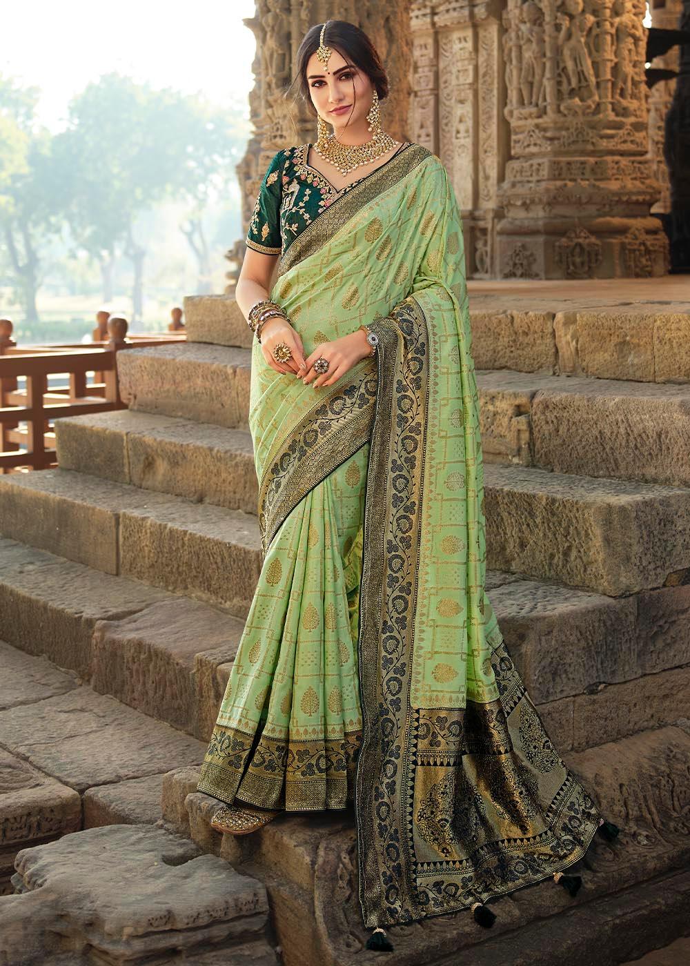 Green Handmade designer banarasi saree for women traditional wedding saree exclusive ethnic saree fancy party wear sari with retailer blouse