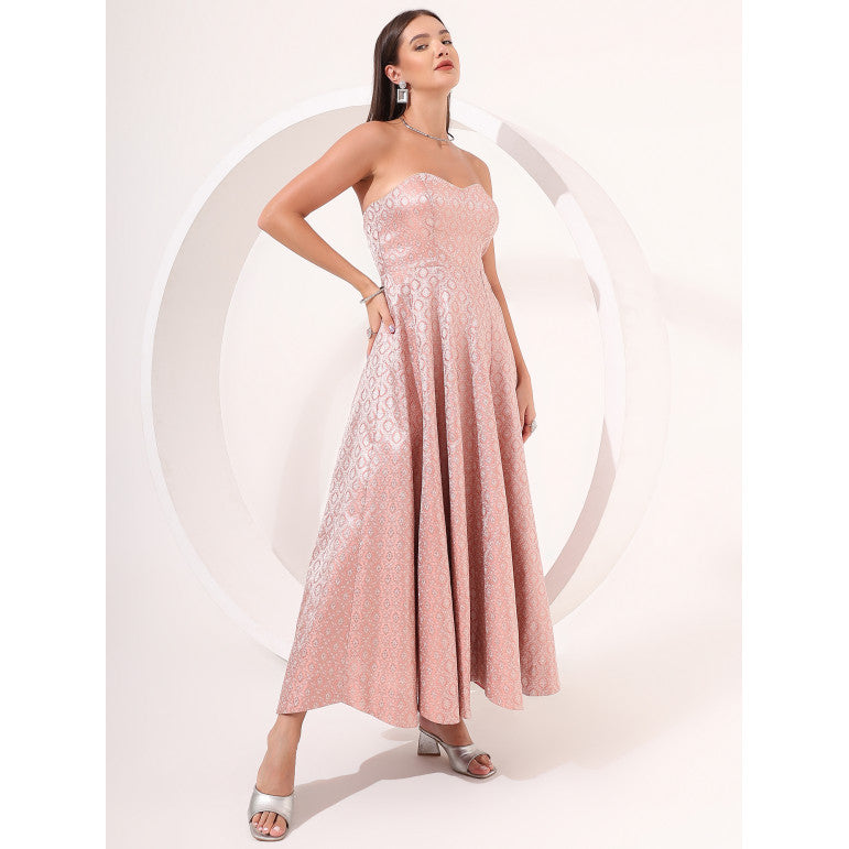 Peach Strapless Brocade Anarkali Gown - qivii