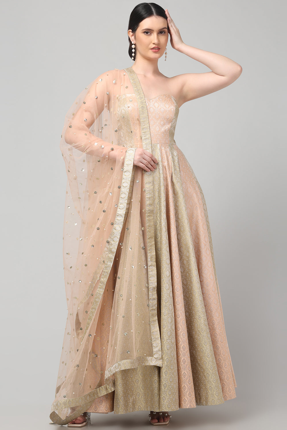 Two Tone Brocade Anarkali Gown with Dupatta