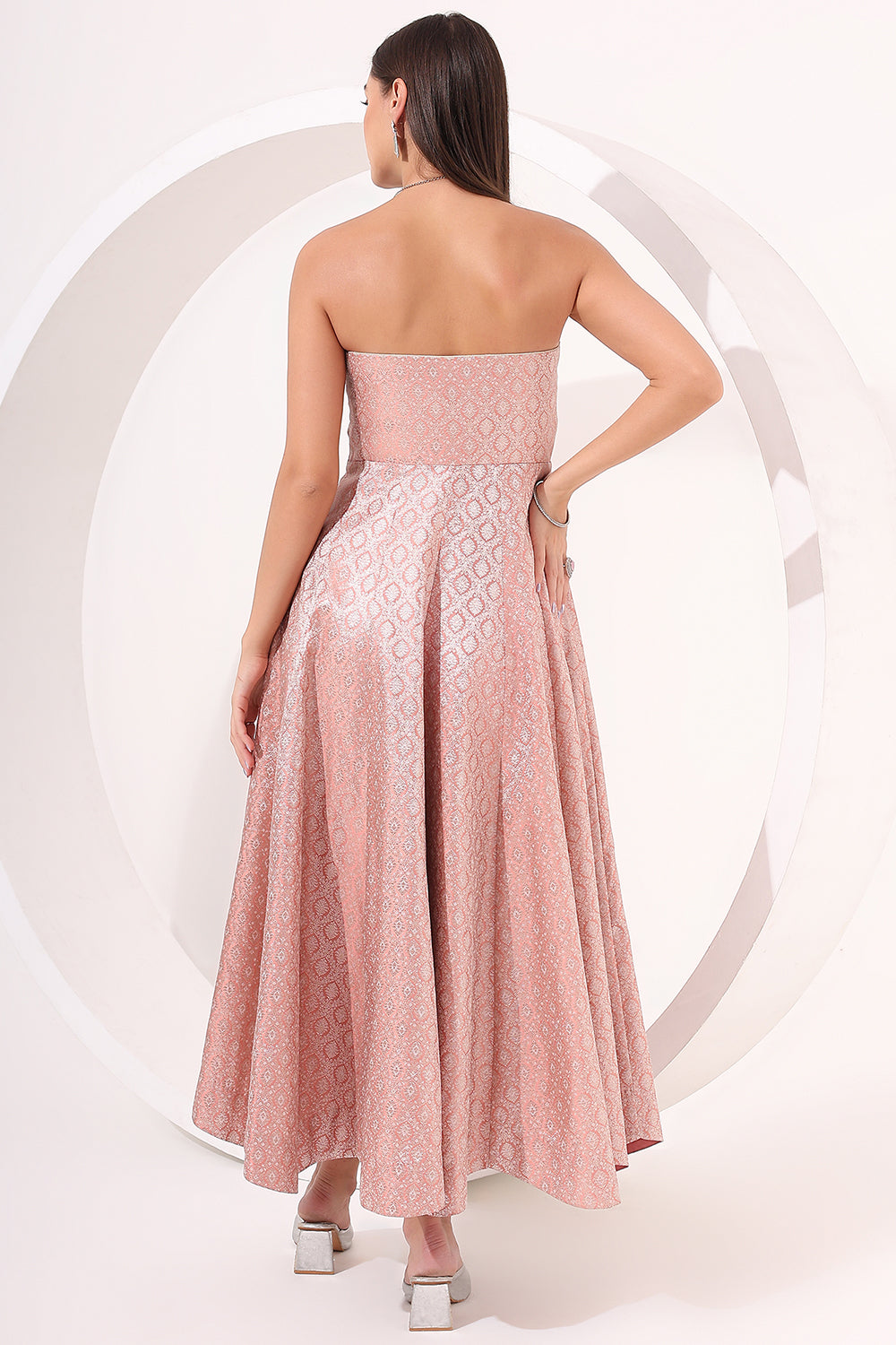Peach Strapless Brocade Anarkali Gown