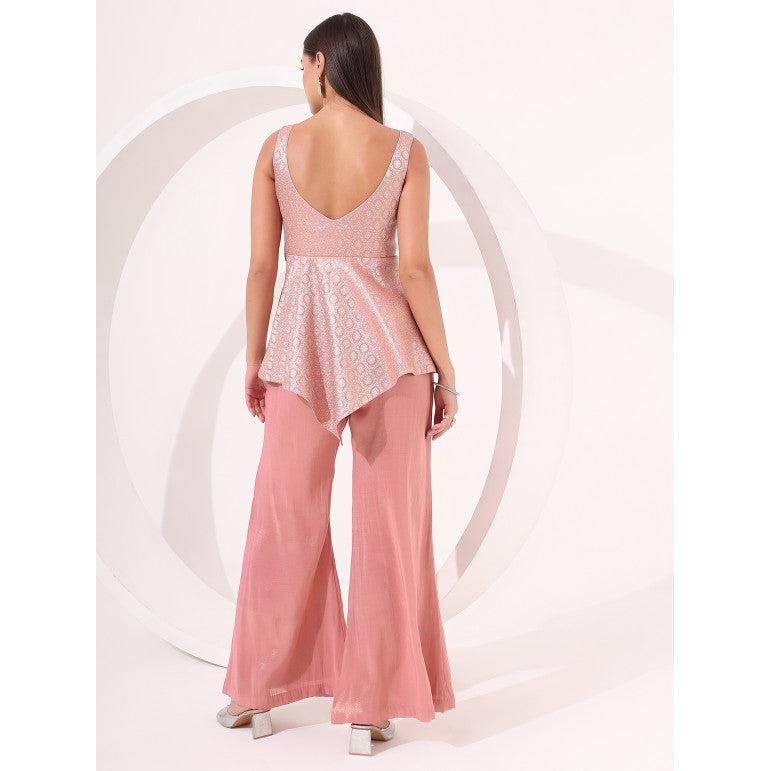 Peach Ayssmetrical Brocade Peplum Set - qivii