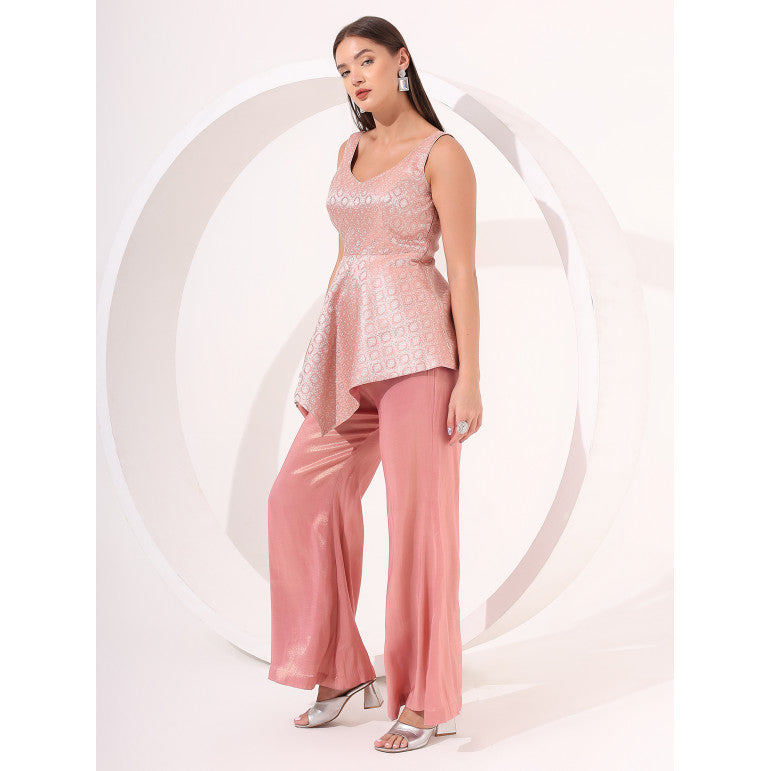 Peach Ayssmetrical Brocade Peplum Set - qivii