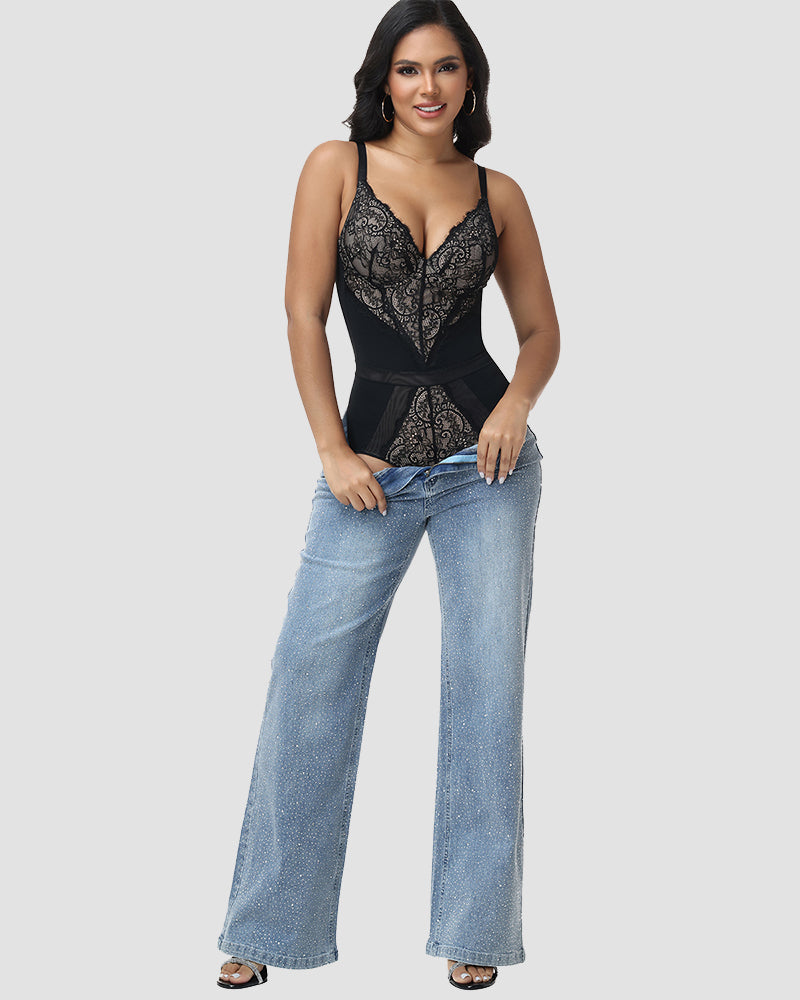 Shapshe® Elegant Lace Trim Deep V-Neck Shapewear Bodysuit