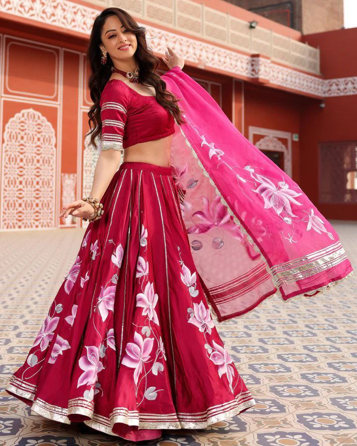 Pink Premium Malai Satin Silk Embellished With Beautiful Digital Print With Heavy Gotta Patti Work - Inspired | Ready To Wear - qivii