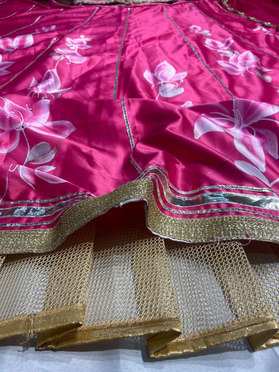 Pink Premium Malai Satin Silk Embellished With Beautiful Digital Print With Heavy Gotta Patti Work - Inspired | Ready To Wear - qivii