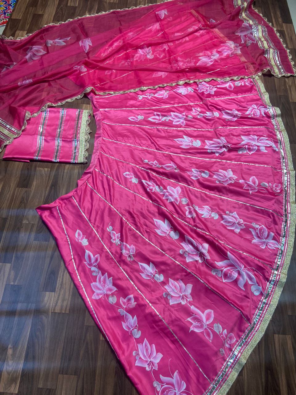 Pink Premium Malai Satin Silk Embellished With Beautiful Digital Print With Heavy Gotta Patti Work - Inspired | Ready To Wear - qivii
