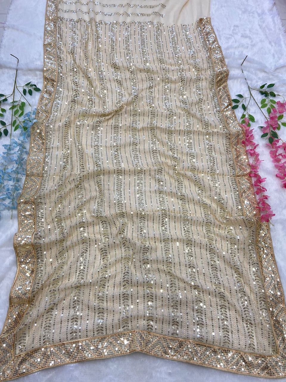 Premium Georgette Embellished With Embroidery Sequins Work With Lace Border - Inspired - qivii