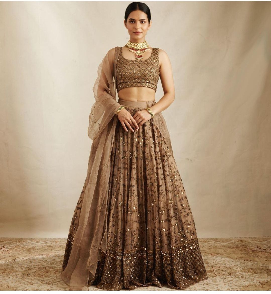 Brown Color Premium Net Embellished With Heavy Sequins Work With Embroidery Work Lehenga Choli - Inspired | Ready To Wear - qivii