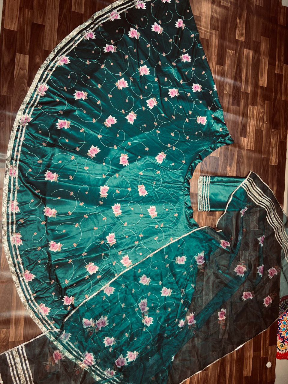 Green Color Premium Baby Satin Silk Embellished With Beautiful Digital Print With Heavy Gotta Patti Work - Inspired | Ready To Wear - qivii