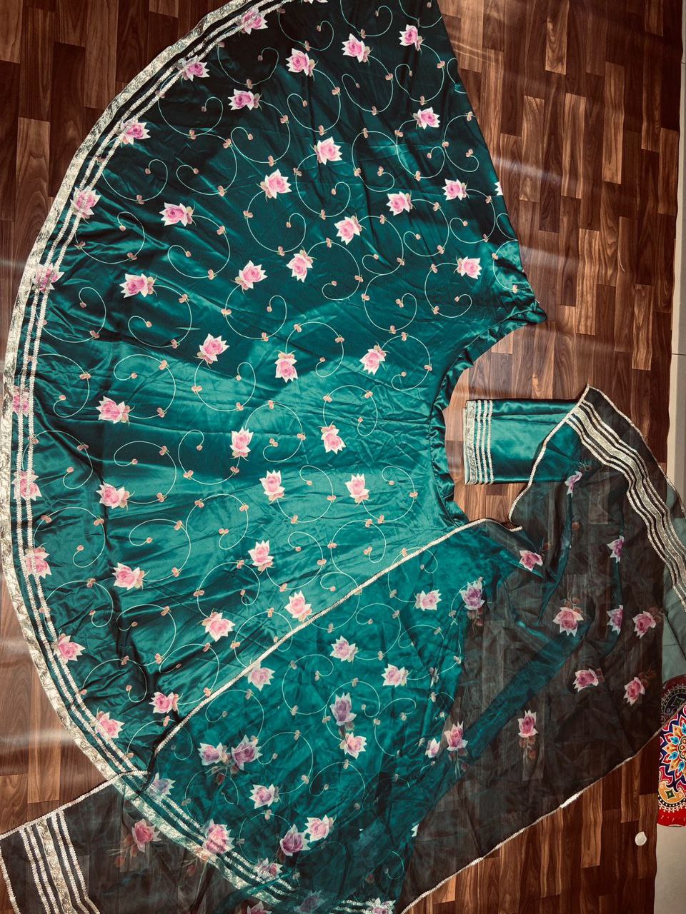 Green Color Premium Baby Satin Silk Embellished With Beautiful Digital Print With Heavy Gotta Patti Work - Inspired | Ready To Wear - qivii