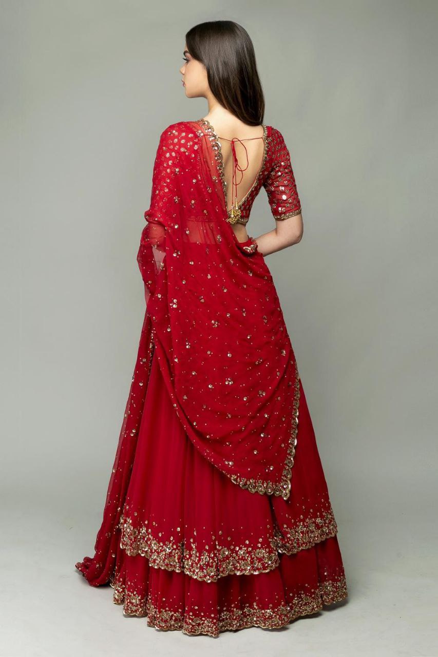 Red Color Double Ruffle Layers Lehenga Made Up Of Premium Georgette Embellished With Beautiful Embroidery, Sequins And Zari Work Lehenga Choli - Inspired | Ready To Wear - qivii