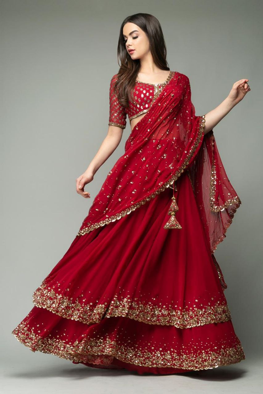 Red Color Double Ruffle Layers Lehenga Made Up Of Premium Georgette Embellished With Beautiful Embroidery, Sequins And Zari Work Lehenga Choli - Inspired | Ready To Wear - qivii