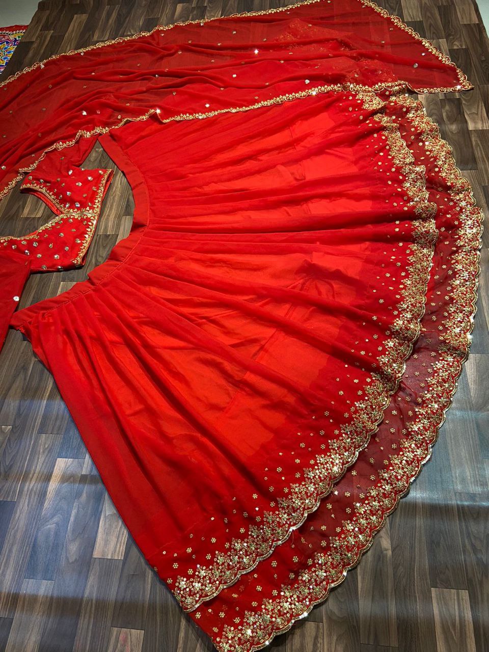 Red Color Double Ruffle Layers Lehenga Made Up Of Premium Georgette Embellished With Beautiful Embroidery, Sequins And Zari Work Lehenga Choli - Inspired | Ready To Wear - qivii