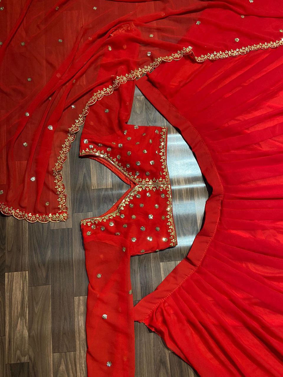 Red Color Double Ruffle Layers Lehenga Made Up Of Premium Georgette Embellished With Beautiful Embroidery, Sequins And Zari Work Lehenga Choli - Inspired | Ready To Wear - qivii