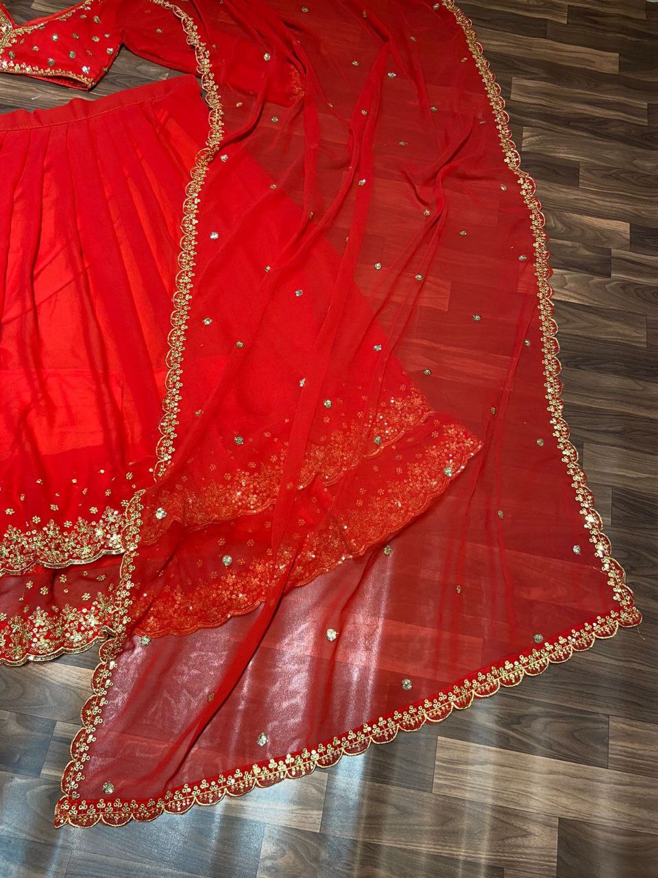 Red Color Double Ruffle Layers Lehenga Made Up Of Premium Georgette Embellished With Beautiful Embroidery, Sequins And Zari Work Lehenga Choli - Inspired | Ready To Wear - qivii