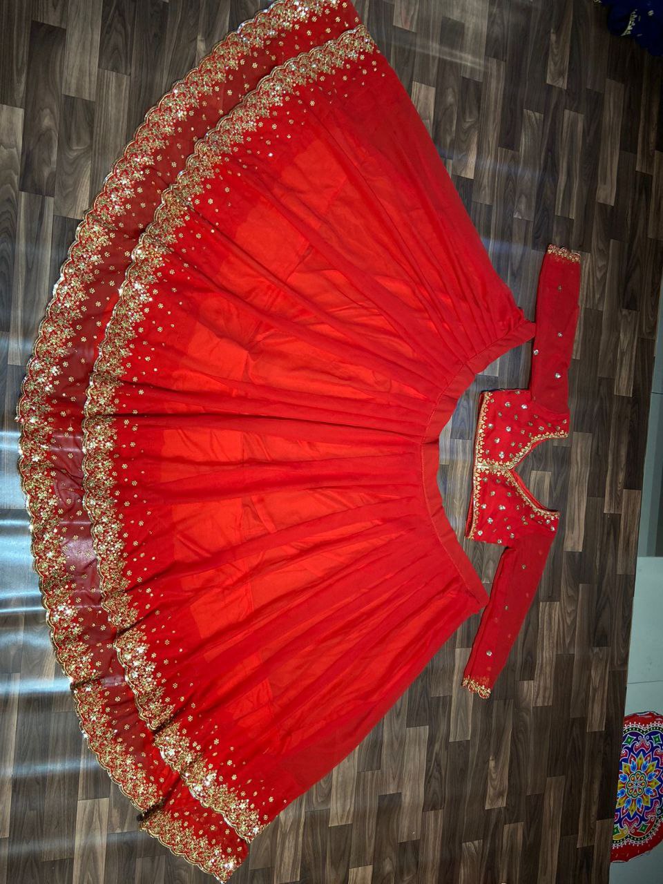 Red Color Double Ruffle Layers Lehenga Made Up Of Premium Georgette Embellished With Beautiful Embroidery, Sequins And Zari Work Lehenga Choli - Inspired | Ready To Wear - qivii