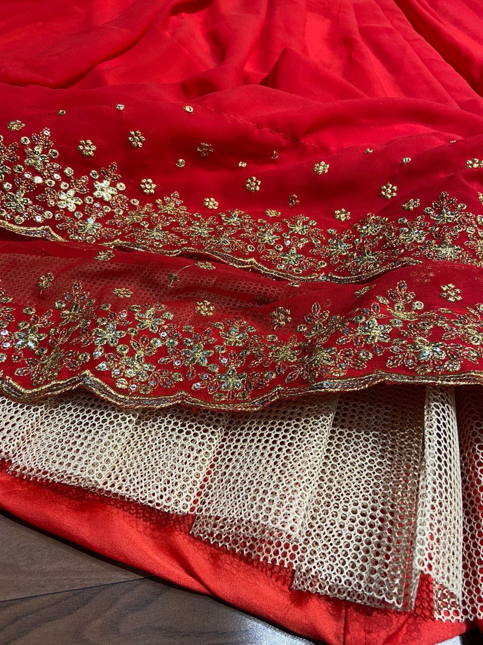 Red Color Double Ruffle Layers Lehenga Made Up Of Premium Georgette Embellished With Beautiful Embroidery, Sequins And Zari Work Lehenga Choli - Inspired | Ready To Wear - qivii