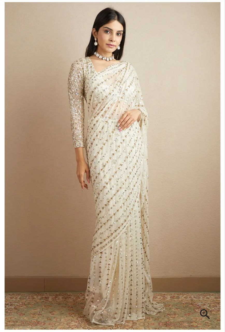 White Color Premium Georgette Embellished With Beautiful , Zari , Embroidery, Sequins Work Saree - Inspired - qivii