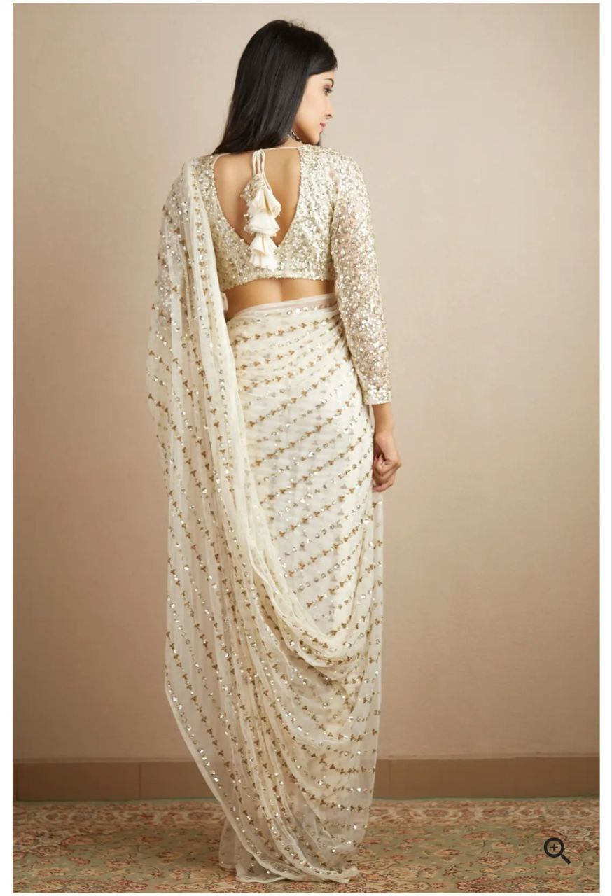 White Color Premium Georgette Embellished With Beautiful , Zari , Embroidery, Sequins Work Saree - Inspired - qivii