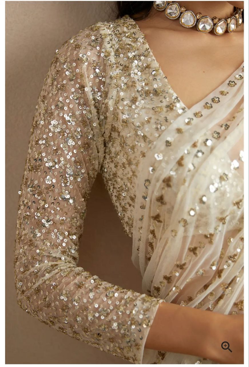 White Color Premium Georgette Embellished With Beautiful , Zari , Embroidery, Sequins Work Saree - Inspired - qivii
