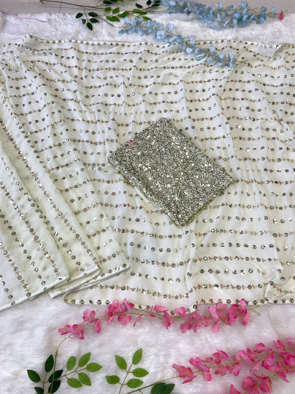 White Color Premium Georgette Embellished With Beautiful , Zari , Embroidery, Sequins Work Saree - Inspired - qivii