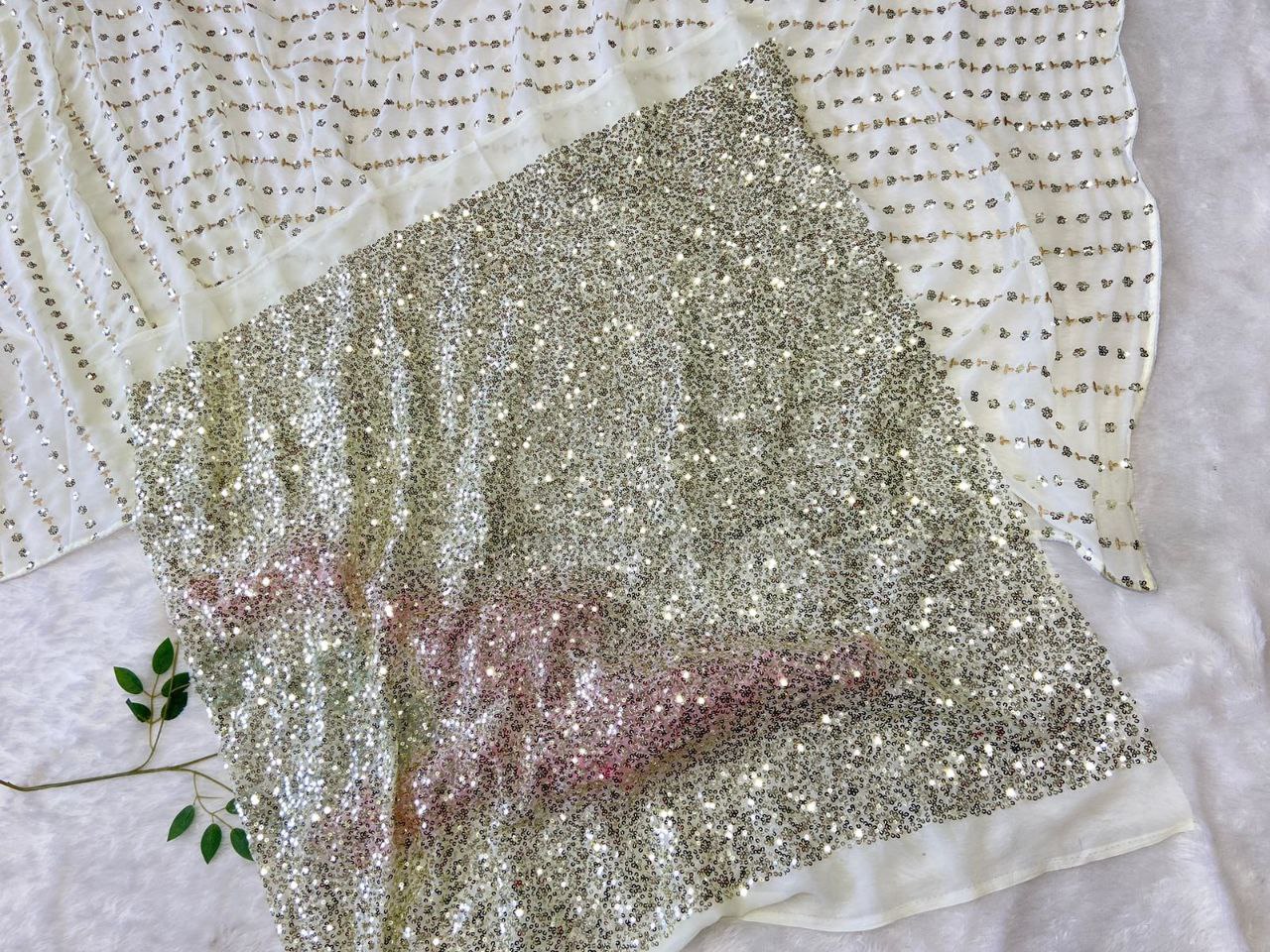 White Color Premium Georgette Embellished With Beautiful , Zari , Embroidery, Sequins Work Saree - Inspired - qivii