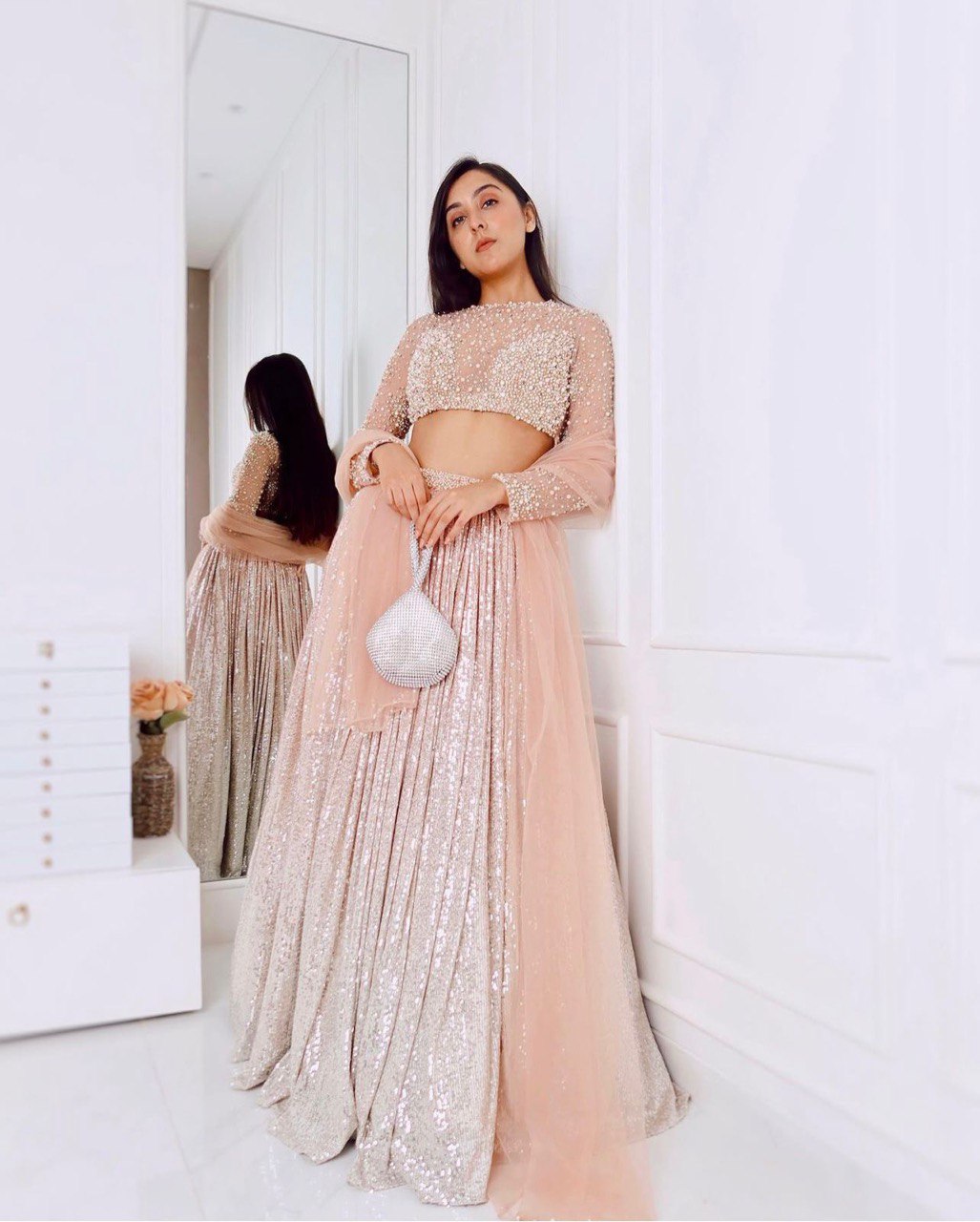 Cream atin silk padding lehnga with sequence work - INSPIRED | Ready To Wear - qivii