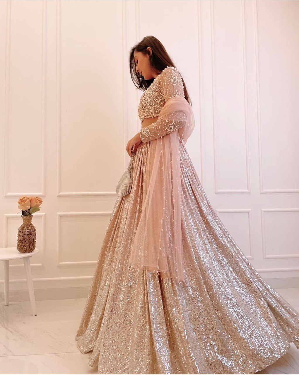 Cream atin silk padding lehnga with sequence work - INSPIRED | Ready To Wear - qivii