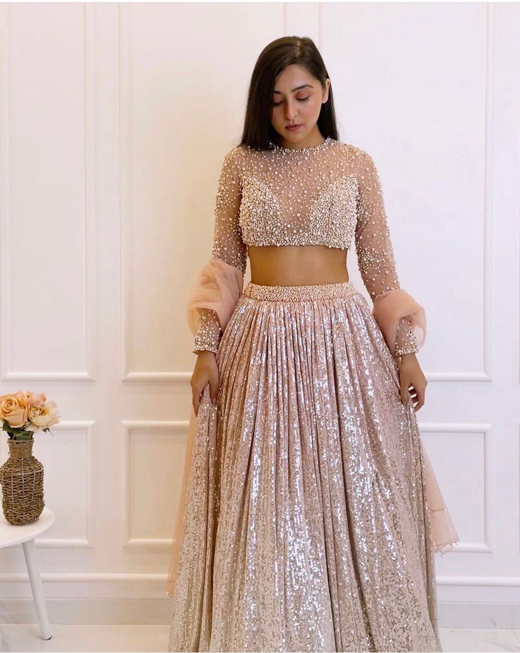 Cream atin silk padding lehnga with sequence work - INSPIRED | Ready To Wear - qivii