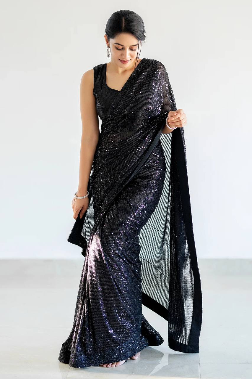 Black Georget saree with sequnece work + piping border - qivii