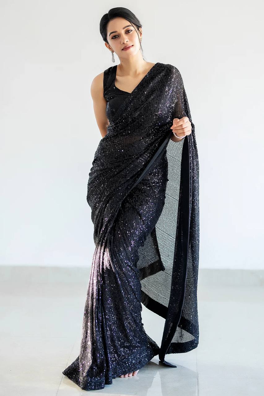 Black Georget saree with sequnece work + piping border - qivii