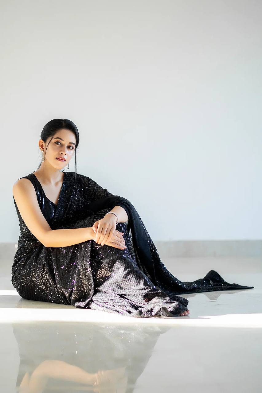 Black Georget saree with sequnece work + piping border - qivii