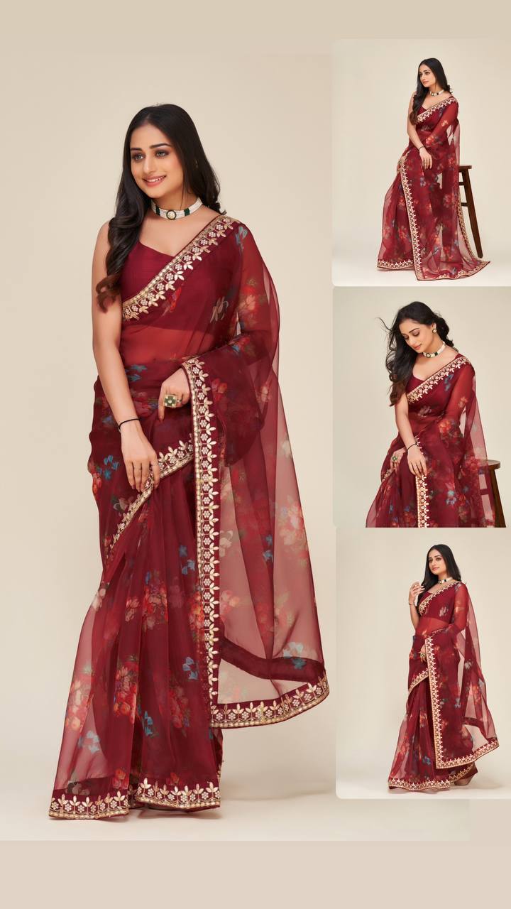 Maroon Digital print organza saree with gotapati & dori work - qivii