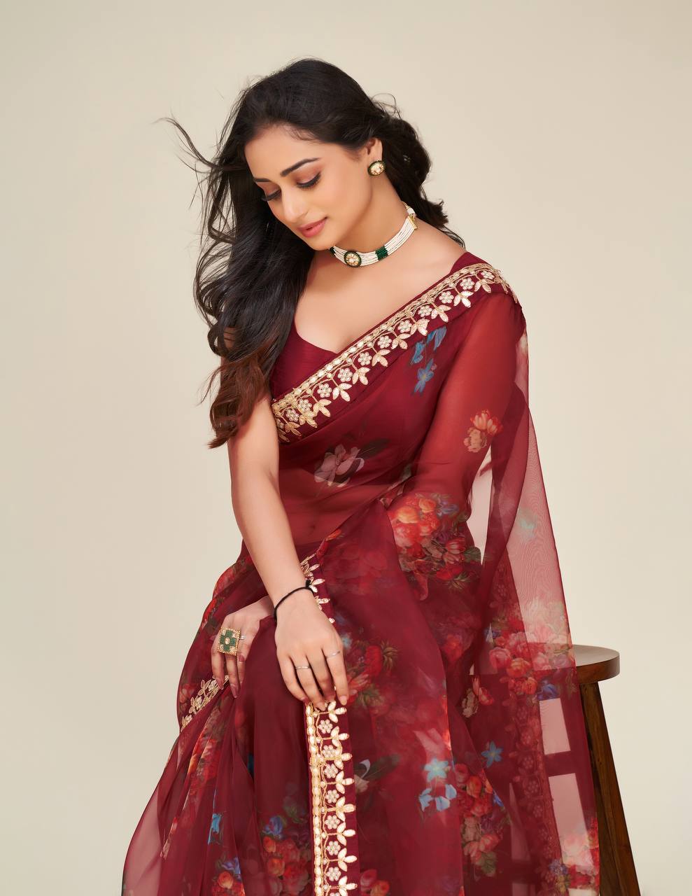 Maroon Digital print organza saree with gotapati & dori work - qivii
