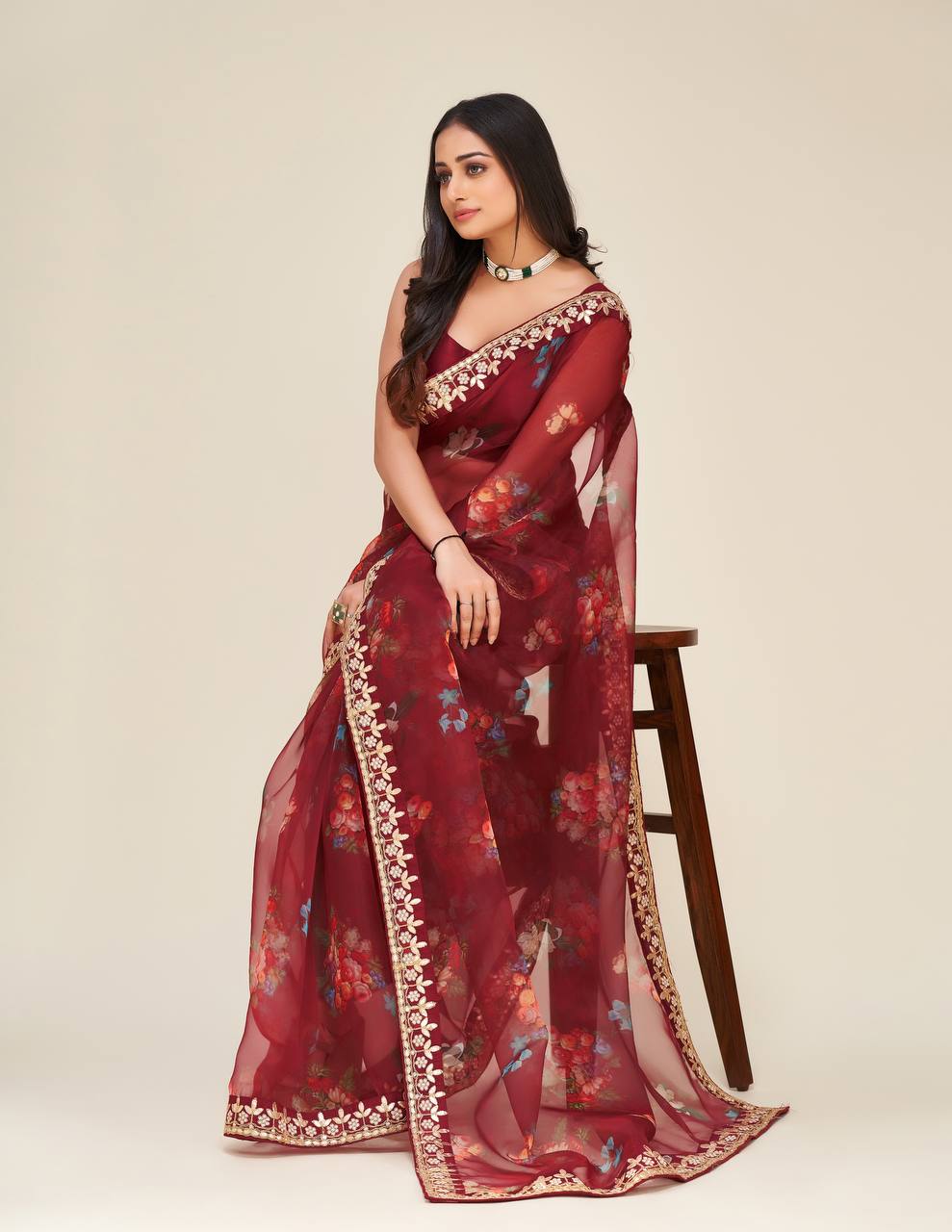 Maroon Digital print organza saree with gotapati & dori work - qivii