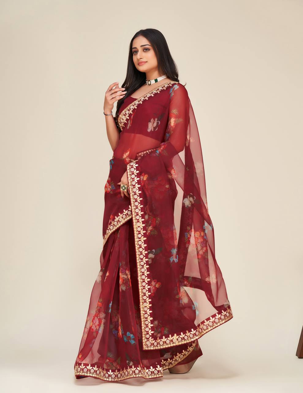 Maroon Digital print organza saree with gotapati & dori work - qivii