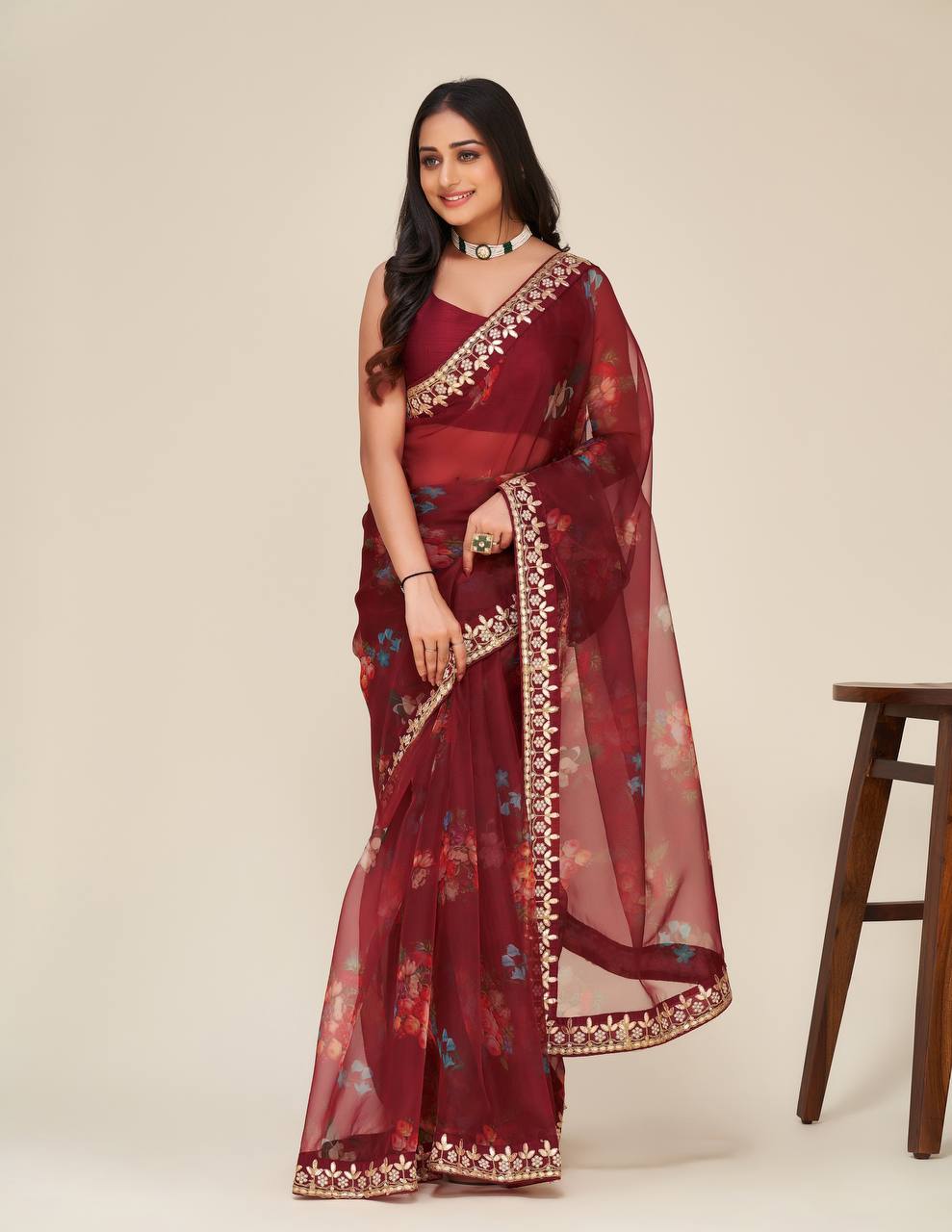 Maroon Digital print organza saree with gotapati & dori work - qivii