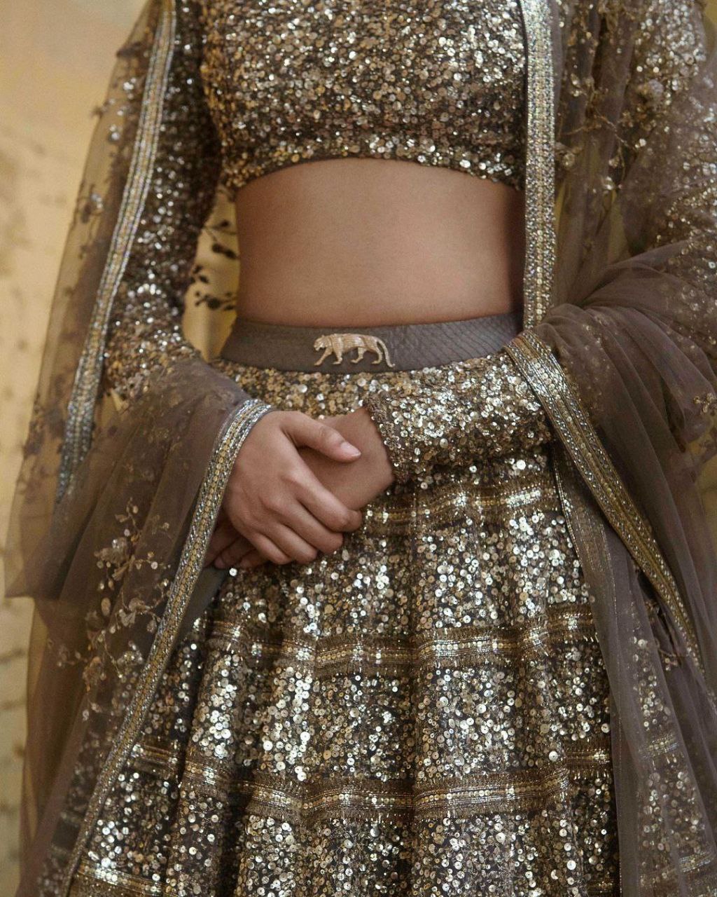 Brown Premium Faux Georgette Embellished With Beautiful Embroidery,Zari ,Coding And Beautiful Sequins Work | Ready To Wear - qivii